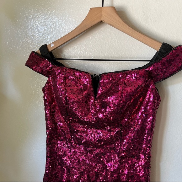 Lulus | Magic Maker Magenta Metallic Off-the-Shoulder Bodycon Mini Dress - Picture 3 of 7